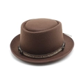 Brown wool pork pie hat with ethnic woven band and leather trim on white background - M (56-58cm) / Coffee