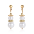 Elegant gold metal stud earrings with double white pearls and textured bead ring design - Double Pearl Drop Earrings
