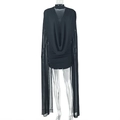 Detail of black long-sleeved dress featuring draped neckline and fitted bodycon style - S / Black