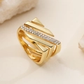 Modern geometric multi-layer gold ring with paved zircon stones in a wide band design - Adjustable Open / Multi-layer Geometric Style (14524) / Gold
