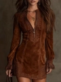 Close-up of brown suede dress with metal zipper and intricate lace trim details - S / Burgundy