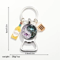 Detailed view of Bagua keychain with beer bottle charms and dimensional measurements - Blue-Purple Taiji (Style 7)