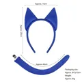 Blue plush puppy ears headband and matching tail set with size measurement details - Blue Pete Cat Ears Headband & Tail Set With Clip