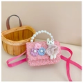 Pink tweed girls mini handbag with pearl handle, floral decor and cute bunny charm - Pink Rabbit