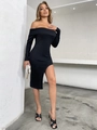 Sexy black off-shoulder long sleeve knit dress with side slit and slim fit silhouette - S / Black
