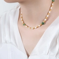 Elegant vintage necklace with white pearls, gold faceted beads, and green gemstones - Gold Necklace-38+7cm