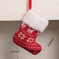 Red knit Christmas stocking featuring white reindeer pattern and faux fur trim ornament - Red White Reindeer Tree Knitted Stocking / 17*14cm