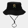 Détail de la broderie tournesol sur un chapeau bob en coton noir avec cordon ajustable - Noir