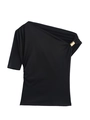 Detailed view of black one-shoulder top featuring a polished gold metal ring accent - Black