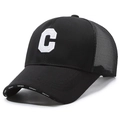 Black mesh trucker hat with white letter C embroidery and curved visor for sports - Black With White Embroidery
