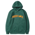 Dark green hoodie featuring orange FRESH LOVE letter print and fruit graphic design - Dark Green