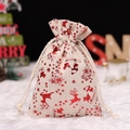 Linen Christmas drawstring gift bag with red glitter reindeer and Merry Christmas print - 10*14cm / Red Sleigh Santa