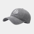 Close-up of Energy circular embroidery and vintage washed texture on baseball cap - Adjustable / Gray