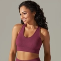 Seamless ribbed yoga sports bra in burgundy with wide shoulder straps and elastic band - S / Tops / Burgundy