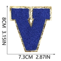 Detail view of royal blue chenille letter V patch with gold sequins and size dimensions - Letter V