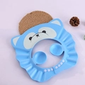 Blue cartoon baby shower cap with adjustable buckle and ear protection guards - Bubble Bear Bath Hat Blue