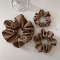Three-piece set of elegant brown satin hair scrunchies in varied sizes on white background - Khaki 3-Piece Set