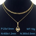 Dubbellaagse gouden halsketting met hol hartvormig hanger, strassteentjes en cubaanse schakel - Teardrop Zirkonia Stijl (KN250361-SY)