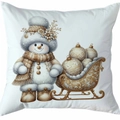 Kerst kussenhoes met sneeuwpop en gouden slee voor elegante feestelijke decoratie - Stijl 3