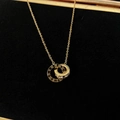 Elegant gold titanium steel double ring necklace with Roman numerals and cubic zirconia - Gold