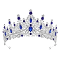 Detailed close-up of a silver tiara featuring large blue crystals and white rhinestones - Silver & Royal Blue Crystal
