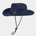 Detail of navy straw cowboy hat with brown leather band and rustic metal buckle - Navy Blue