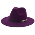 Detail of deep purple wool fedora hat featuring a black leather belt with gold metal buckle - M(56-58cm) / Deep Purple (Double Band)