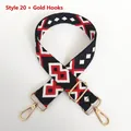 Detail of adjustable canvas bag strap with red and black geometric jacquard and gold hooks - Pattern No. 20