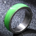 Modern 6mm silver steel ring with neon green enamel inlay on a dark bokeh background - US 10 / Silver with Neon Green