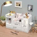 White tiered vanity organizer with drawers and clover patterns, 45cm large capacity storage - Clover Double Drawer Organizer