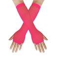 Neon pink long fishnet fingerless gloves for punk rave party and club outfits - One Size / Fluorescent Rose Red