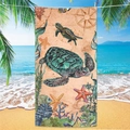 Microfiber beach towel featuring sea turtle and compass prints in warm orange tones - Sea Turtle Beach Towel 16