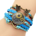 Bracciale multistrato in pelle blu con ciondolo girasole e scritta motivazionale - Blu