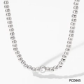 Polished silver beaded necklace with a central round zircon stone pendant on white background - Steel Color Beaded Necklace (GCD865)