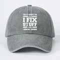 Macro detail of the IF IX STUFF slogan print on gray washed denim baseball cap - One Size / Gray