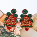 Detailed view of handmade beaded Christmas bell earrings with red and green sequins - Style 5 (Christmas Bells)
