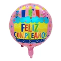 Pink round foil balloon with a colorful birthday cake design and Feliz Cumpleaños text - Round Pink Cake Spanish Birthday