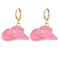Chic pink enamel cowboy hat earrings with golden star charms on white background - Pink Cowboy Hat Style (JE0937A)