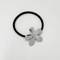 Elastic black hair tie featuring a polished silver metal five-petal flower ornament - Five-Leaf Clover / Silver