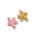 Pink enamel flower pendant with pearl accent and gold finish for DIY jewelry - Double Hole / Pink