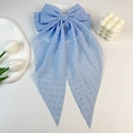 Detail of light blue Swiss dot chiffon hair bow with long ribbons and a metal spring clip - Sky Blue