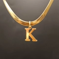 Polished gold stainless steel flat snake chain necklace with letter K pendant - Letter K (5592272000731)