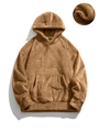 Brown fleece hoodie with kangaroo pocket and material detail view in flat lay - S / Brown
