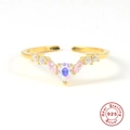 Adjustable S925 sterling silver ring with pink teardrop stone and crystal V-shape accents - Gold V-Shape Pink Stone