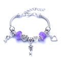 Silver snake chain bracelet with purple beads and heart, flower, key charms - Purple