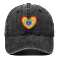 Casquette de baseball en coton noir délavé avec broderie cœur arc-en-ciel colorée - Taille unique / Noir