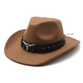 Cappello da cowboy marrone in feltro a tesa larga con fascia in pelle e testa di toro - Cachi