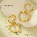 18K gold plated stainless steel hollow heart tassel earrings with layered design - Double Layer Heart-in-Heart Drop Style (NMSE-C719-2)