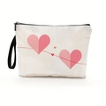 White canvas makeup bag with pink heart prints and black strap handle for Valentine - Double Heart Connection (Style 2) / 17*25cm (Linen) with Strap