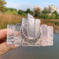 Pink crystal hair clip with silver hollow moon moon in a bohemian crown style - Rose Quartz + Moon